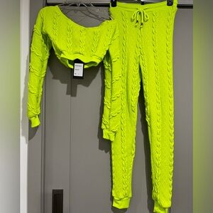 Neon Green Cable Knit Sweater and Pants Set